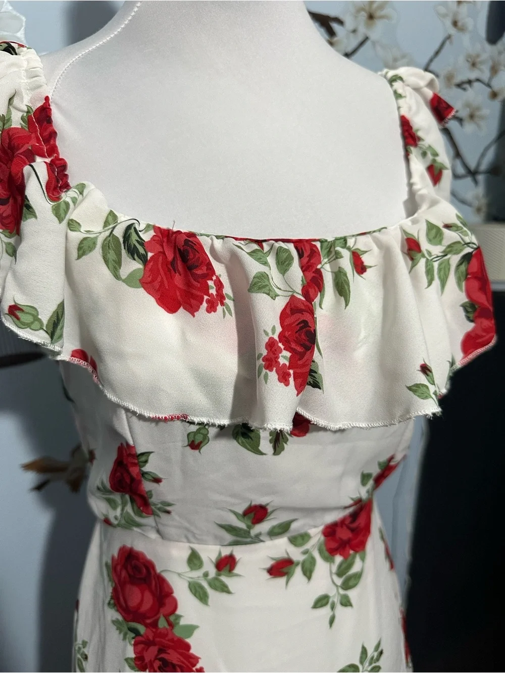 Floral Ruffle Dress — White with Red Roses - Picture 2 of 4